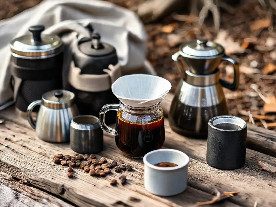 Frischer Handaufguss mit einem Kaffeefilter auf einer Emaille-Tasse in der Natur beim Camping